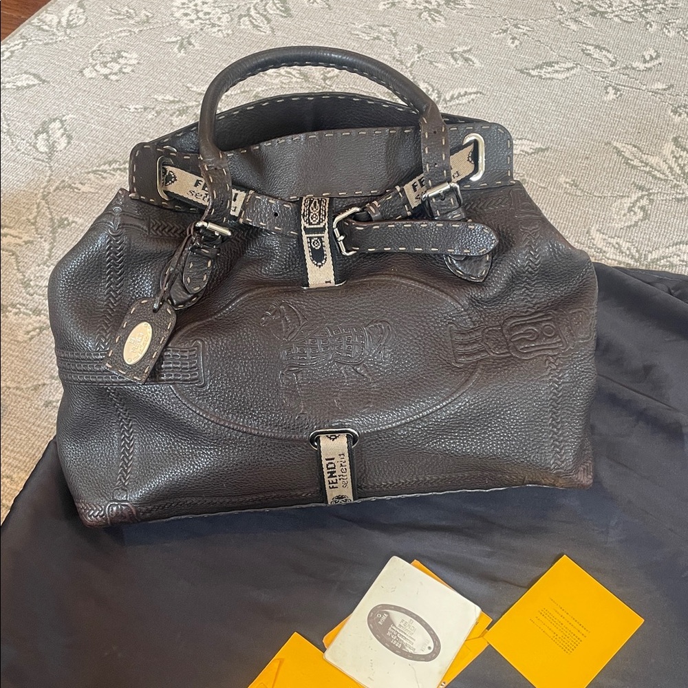 Vintage Fendi brown Textured Leather Top-Handle Satchel with Logo Trim